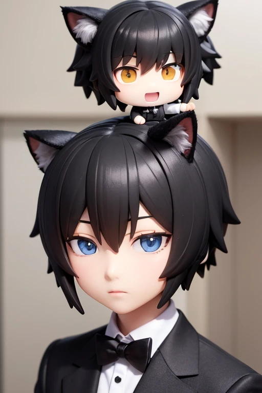 A young man with black hair and black cat ears, Black Suit, Black bow tie, Butler, looking at the camera, eyes in the style of Nendoroid, Nendoroid eyes, style as Nendoroid, water color Nendoroid, Nendoroid, Nendoroid 3 d, Nendoroid, He has a cute, expressive face, an anime Nendoroid of karl marx