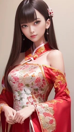 ((highest quality, 8k, masterpiece: 1.3)), Sharp focus Beautiful woman with perfect body, Slim abdomen, Highly detailed face and skin texture, Fine grain, ((Chinese traditional clothing,Red and white Hanfu,The length is short,Off the shoulder),Ancient Chinese Princess)),Ample breasts,Black Hair, Hair ornament studded with small jewels, Slender body, Panty strings exposed,