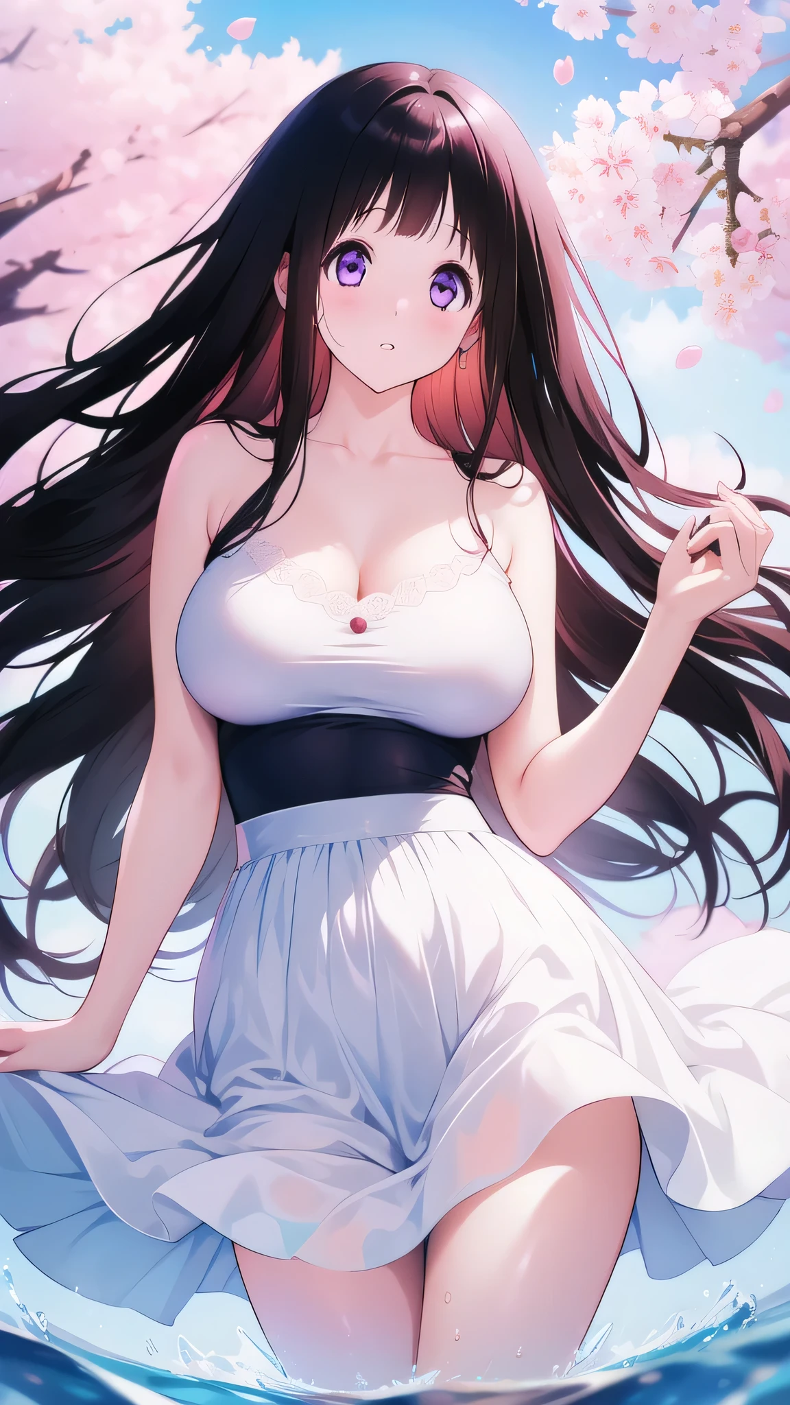 Amazing Chitanda, There is only one beautiful girl,Purple Eyes, Black Hair, Very red face,Very white skin,Glowing skin,Skin as delicate as porcelain,Naturally straight hair, Straight bangs,Extremely refined,Open lips,Long flowing hair,Beautiful Girl, Like a dream,Slim,Slim waist,Soft, (Sensual), (Kawaii), Dream quality,Beautiful big breasts,Half of the areola is exposed,ta dress,The clothes are completely transparent,Clothes that show skin color,The clothes are completely soaked,Deep V neckline,Loose neckline,by the lakeside,Lots of water on the thighs,Raise your hands,Wind blows up skirt,The skirt was blown away,Flying Butterflies,Cherry blossoms,Bare shoulders,Bare neck,Exposed collarbone,Showing breasts,Show your buttocks,Show your thighs,Exposing the groin,No pants,extremely shy,Ultra-high resolution, (masterpiece:1.2, best quality), (Delicate and beautiful eyes: 1.2), (Beautiful and delicate face)