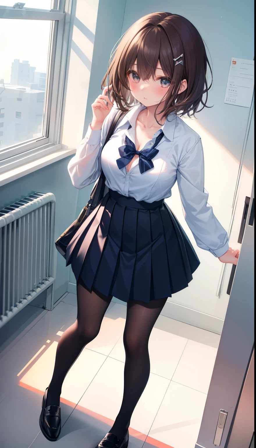 One Girl、Positive、From above、Full body portrait、Brown haired、Medium Haircut、blush、Absolute area、Knee socks、stockings、pantyhose、レースpantyhose、White underwear、Cleavage、Light blue cut shirt、Unbutton your shirt、Navy blue checkered pleated skirt、Very short skirt、Inside the school、Daytime、（Very big boobs）、((Full Body Lesbian))、masterpiece、（highest quality）、
Panties around the ankles、loafers