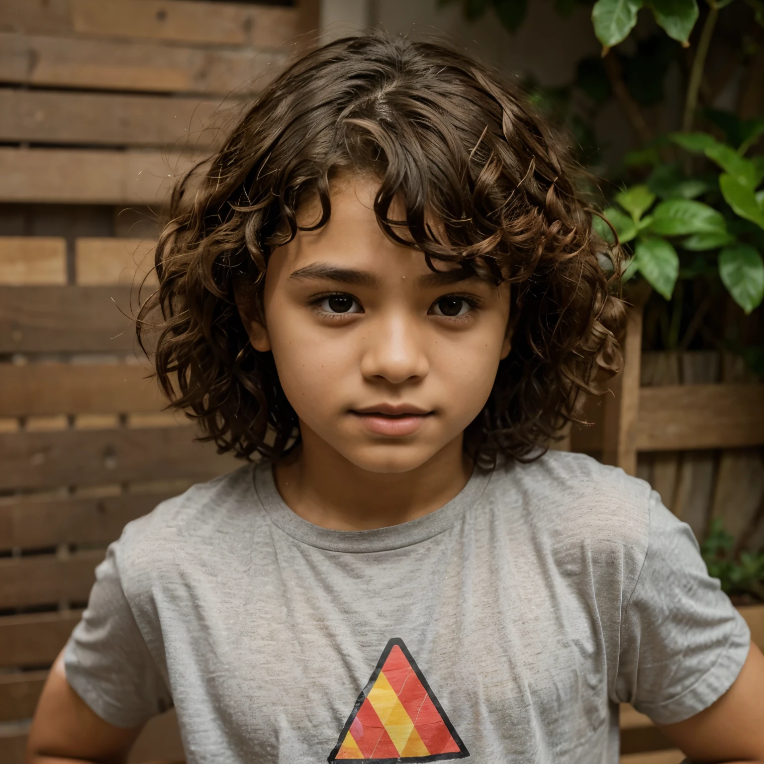 Boy who have curly hair and light brown skin colour nose are big not so big triangular face