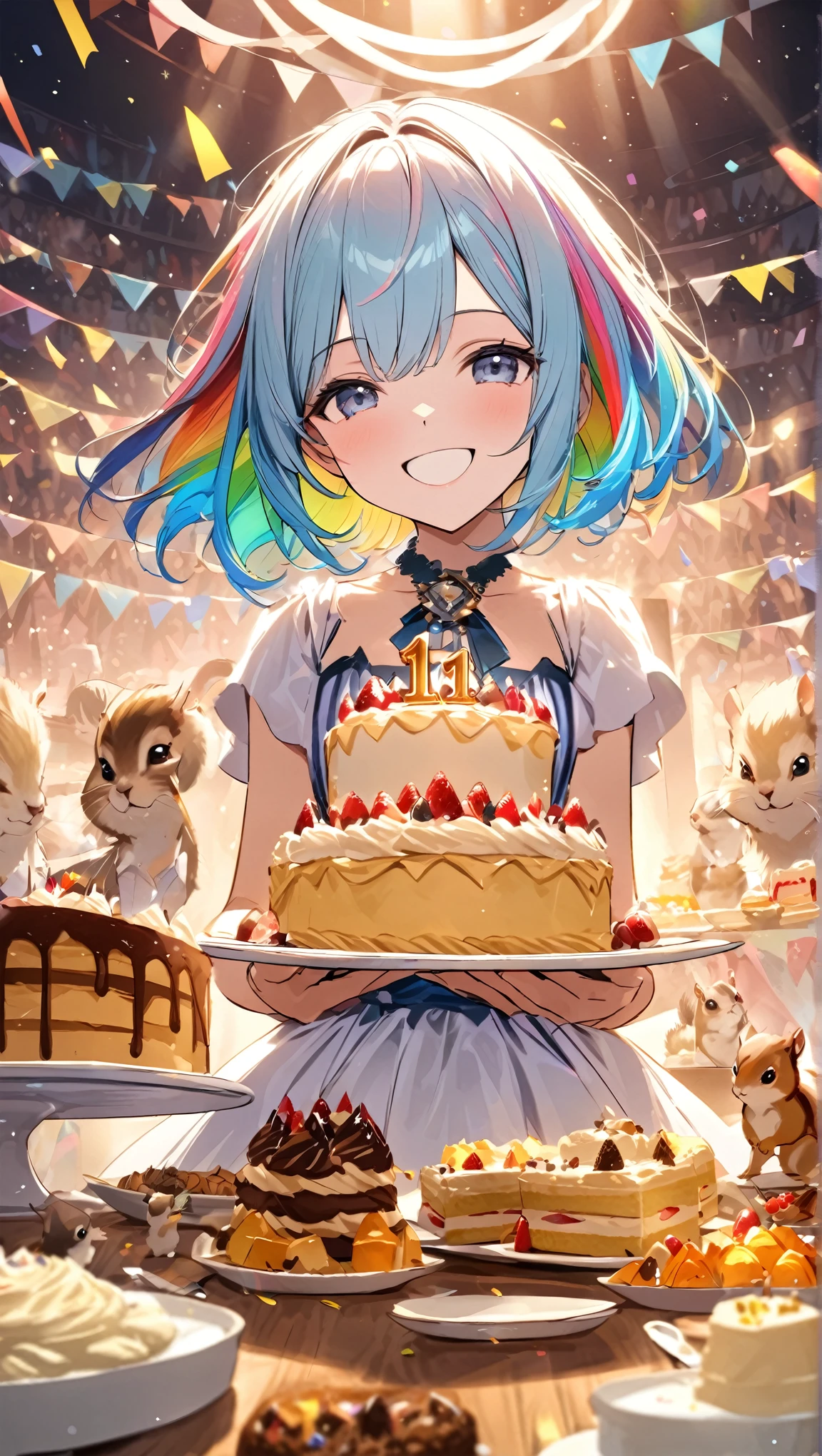 Party Dresses、Holding a plate with a birthday cake on it from below、There is a lot of delicious food on the table、A little smiling squirrel is sitting on a plate、