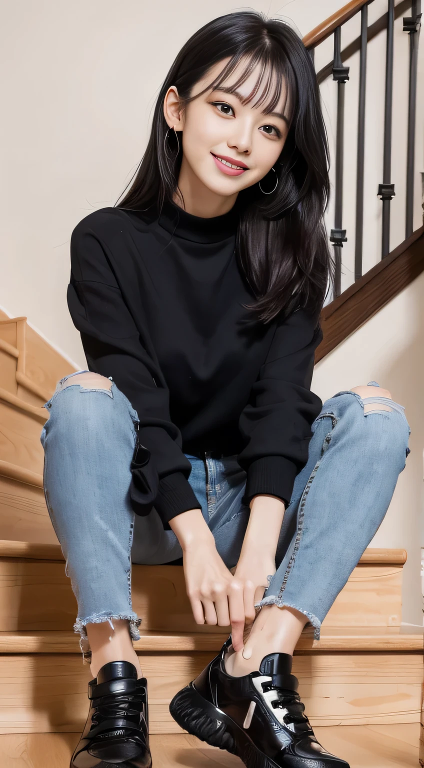 highest quality, Realistic, Very detailed, Finer details, High resolution, 8k wallpaper, One beautiful woman,Sit on the stairs、（Wear black socks）smile、（Beautiful teeth alignment、）（Gums are visible） Long sleeve blouse、Skinny jeans,（ Black sneakers）、Black Hair、 Beautiful Bangs、ear piercing、Perfect dynamic composition, Beautiful and detailed, Full Body Shot, A big smile

