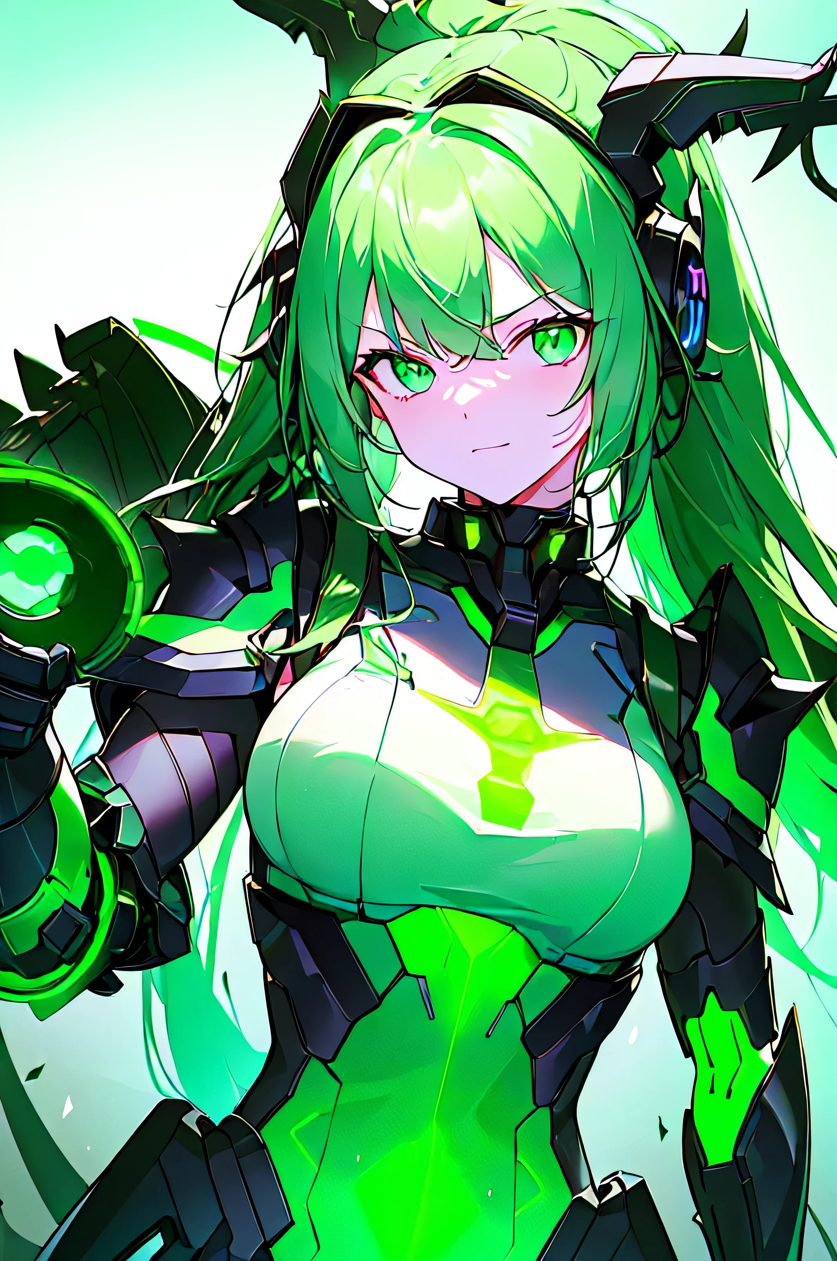 (((masterpiece))), (upper body), 1girl, solo, Green hair, long hair, Green eyes, (slant eyes), science fiction, (mecha musume:1.5), mechanical parts, headgear, doragon mechanical tails, ((mechanical Black dragon Armor)), Evil smile face, (((neon light green))), Anime style