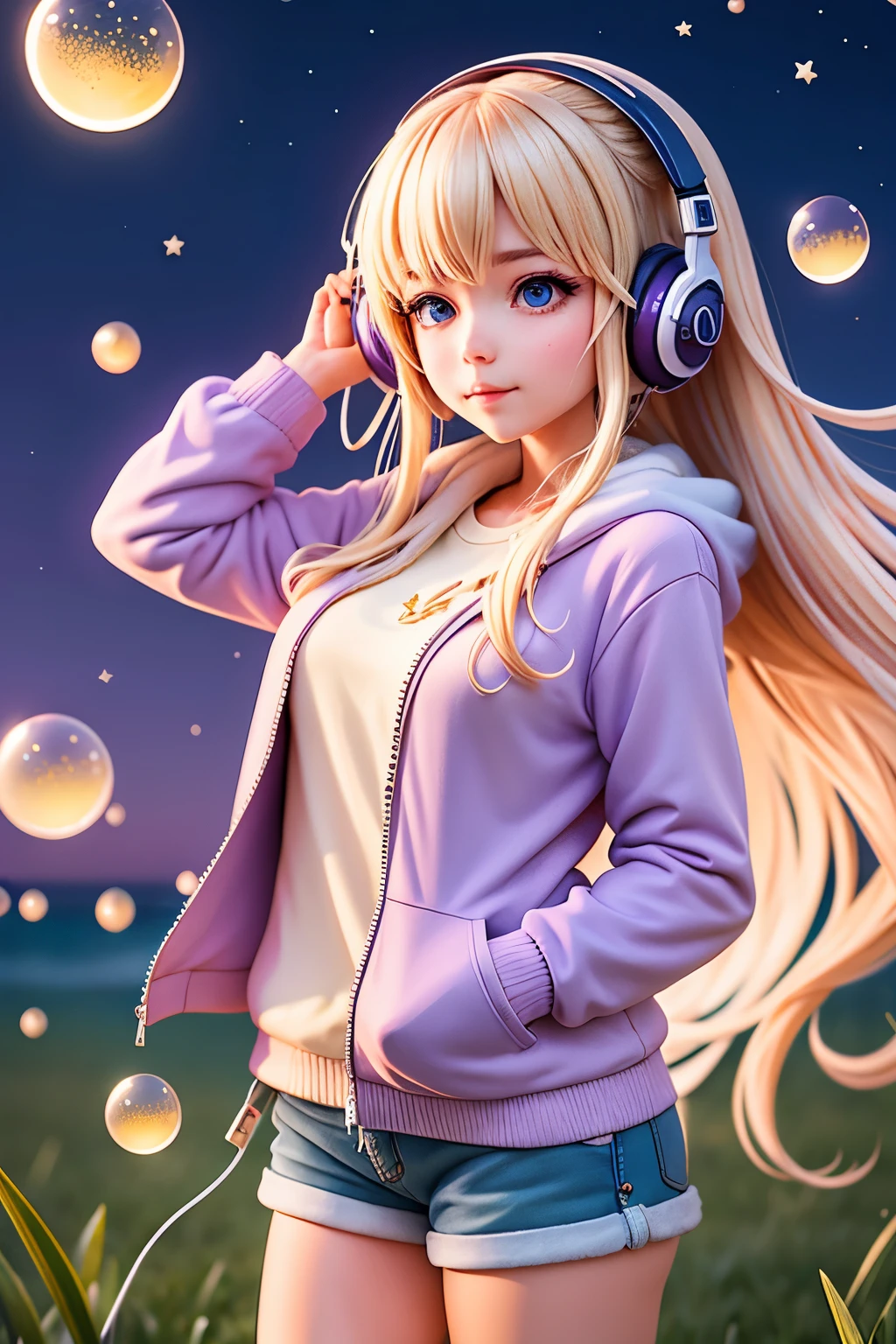 In the serene night under the starry sky, a light blonde haired girl with captivating violet color eyes is engaged in a playful activity. She dons a cozy hoodie jacket and stylish shorts, and wears headphones, creating an aura of comfort and relaxation. As she leans back against a soft grassy knoll, she blows bubbles with a wand-like contraption, each bubble shimmering in the softly glowing moonlight with a 4K, realistic, UHD, high resolution clarity. The gentle popping sounds of the bubbles add to the tranquil ambiance, inviting you to take a moment to appreciate the simple joys of life.