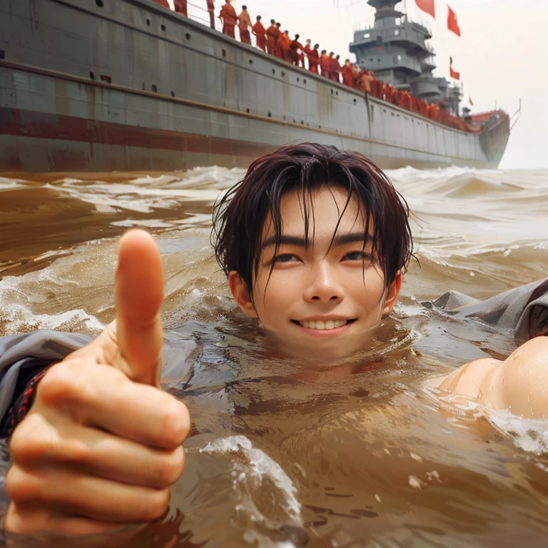 (Best Quality:1.2), (high resolution:1.2), (beautiful face and eye:1.5), (sharpest focus:1.2), (Ultra-realistic Photo:1.2), (Ultra-precise Photo:1.2), (Depth of field:1.2), (8k high resolution:1.2). (perfect anatomy:1.2),
(nice hands:1.5), (perfect hands:1.5), (One drowning Chinese man:1.2), (Very young and beautiful Chinese man:1.0), (Smiling thumbs up in a state of resignation:1.2), (Looking up angle:1.2),
(Chinese warrior in very light clothing, beaten up:1.0), (Majestic Chinese river:1.0), (Cynical smile:1.0), (Giant battleship:1.0), (Mars shining reddish-red in the night sky:1.2),