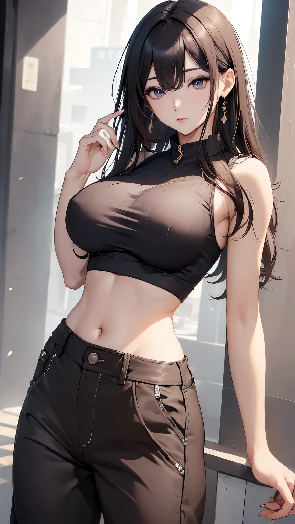 (((masterpiece))),(((High resolution)))、(((8K quality)))、(((perfect face)))、(((Korean idol))), ((sleeveless)), (pants), look at the camera, ((top quality eyes)), detailed face, (detailed texture), look at the camera, ((big tits))
