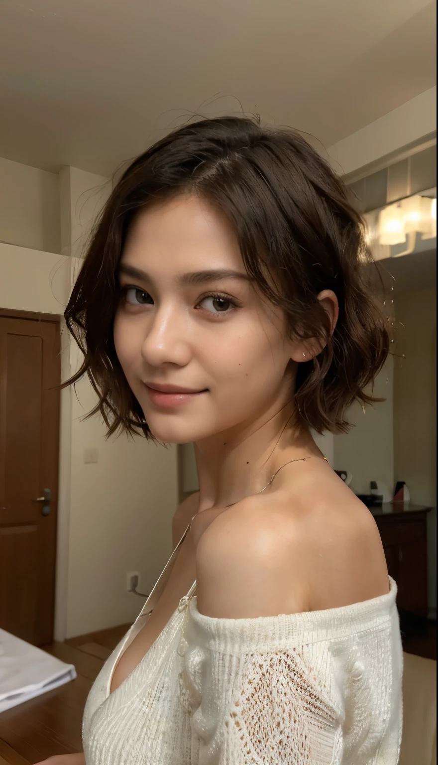 (masterpiece:1.3), (8K, Photorealsitic, Raw photography, Top image quality: 1.4), Japan high school girls、(Random hairstyles:1.2)、cleavage of the breast:1.2、Super Detail Face、Eye of Detail、double eyelid、Bring your chest together、sharp focus:1.2、prety woman:1.4、light brown hair、top-quality、masterpiece、超A high resolution、(Photorealsitic:1.4)、Highly detailed and professional lighting smile、Loose and light knitwear、Shoulder out、slender、serious facial expression、short-haired、Fatal position