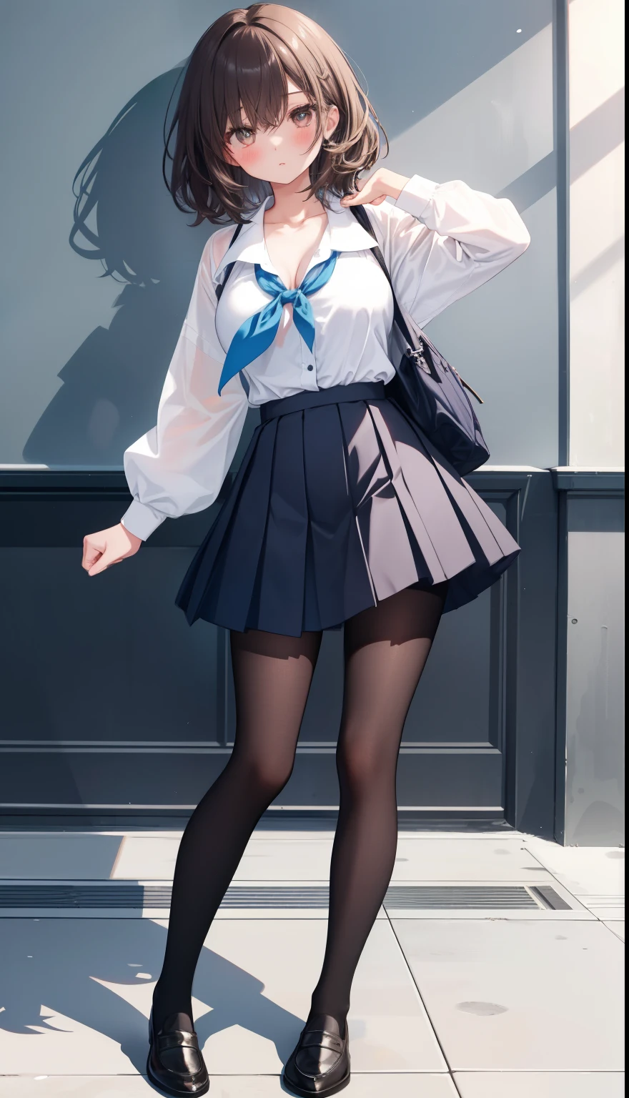 One Girl、Positive、From above、Full body portrait、Brown haired、Medium Haircut、blush、Absolute area、Knee socks、stockings、pantyhose、レースpantyhose、White underwear、Cleavage、Light blue cut shirt、Unbutton your shirt、Navy blue checkered pleated skirt、Very short skirt、Inside the school、Daytime、(Very big boobs)、((Full Body Lesbian))、masterpiece、(highest quality)、
Panties around the ankles、loafers
