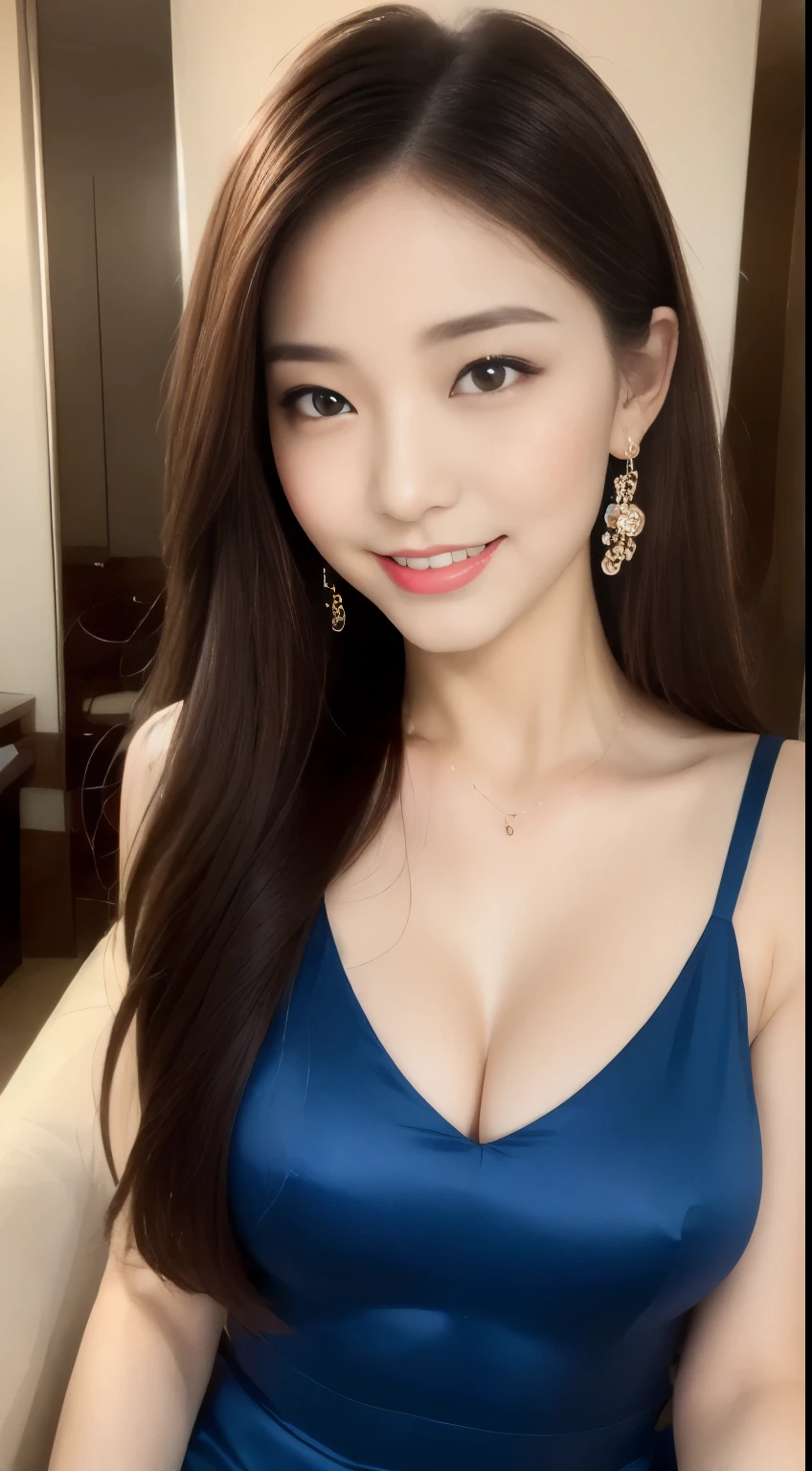 ((highest quality, 8k, masterpiece :1.3)), One Girl, ,((A very affectionate smile:1.1)),, Red lipstick:1.2,Slim face, Beautiful woman, Big Breasts:1.3, Saggy breasts,非常にDetailed face, double eyelid, night, night景, Skyscraper, Hotel,On the bed,,Looking into the camera,good,((Blue Dress)),(masterpiece: 1.3), (Maximum resolution: 1.4), (Ultra-high resolution: 1.2), Cinematic Light, Ultra-high resolution, (Detailed eyes and skin), (Detailed faceの特徴), 8k resolution, Perfect Style, Beautiful expression、非常にDetailed faceと肌の質感、Detailed face,Thin cheeks,((Pure white skin:1.1)),Glossy Lips:1.2,((Full Body Shot:1.2)),(Straight Hairstyles、Light brown hair),One length,175cm,From above