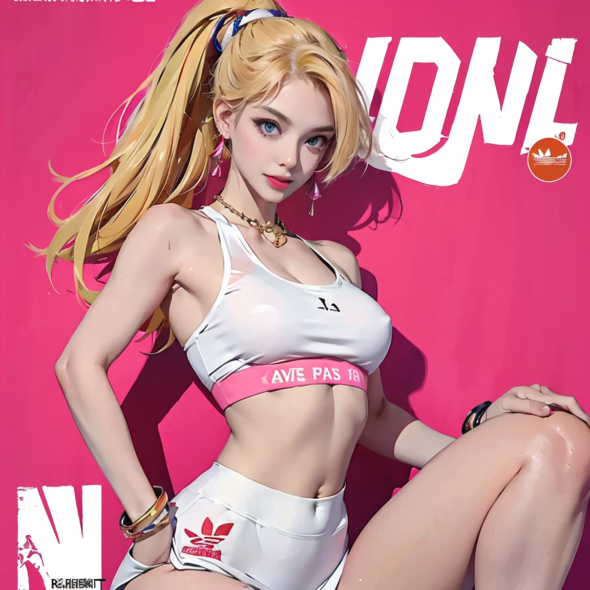 NSFW, (masterpiece:1,2, best quality), (magazine cover), (colorful Magazine cover abundant with text), vibrant, eye-catching paintings, Comic cover style, glamorous, enticing, stylish, chic, high-fashion, captivating, elegant, trendy, fashionable, radiant, attention-grabbing, dazzling, sophisticated, stunning, dramatic, bold, Featured is an European Girl, a 20-year-old beauty from a Hong Kong-Malaysian background who's a beauty pageant winner and a cheerleader at Florida State University, ((She embodies the girl-next-door charm with her radiant smile and friendly demeanor)), ((Her physique boasts a slim, athletic frame, with an hourglass figure, waist, elongated, toned legs, ample, peachy derrière, and well-sculpted muscles)), (((Her C-cup size breasts and flat abdomen further accentuate her active lifestyle))), ((Her skin tone is a radiant mix of natural fairness and American sun-kiss)), and her makeup is minimal, highlighting her natural beauty, (((She wears a tight-fitting Nike sports bra and matching leggings that highlight her toned physique, paired with a pair of comfortable Adidas sneakers))), perfect for a gym session yet trendy enough for a casual outing, Her Steve Madden platform sandals add height and are easy to slip on and off at the gym, She carries a JanSport classic backpack, perfect for a gym day, emphasizing her natural beauty, and she wears pink lip gloss, (Her blonde hair is styled in a high ponytail), adding to her gym-ready look, She wears a simple bracelet and ring from Pandora, and a gold belly chain from Forever 21 to highlight her flat abdomen and add a sexy touch to her look, reinforcing her outgoing personality, The occasion is a workout session at her local gym, (exceptionally detailed:1.3).