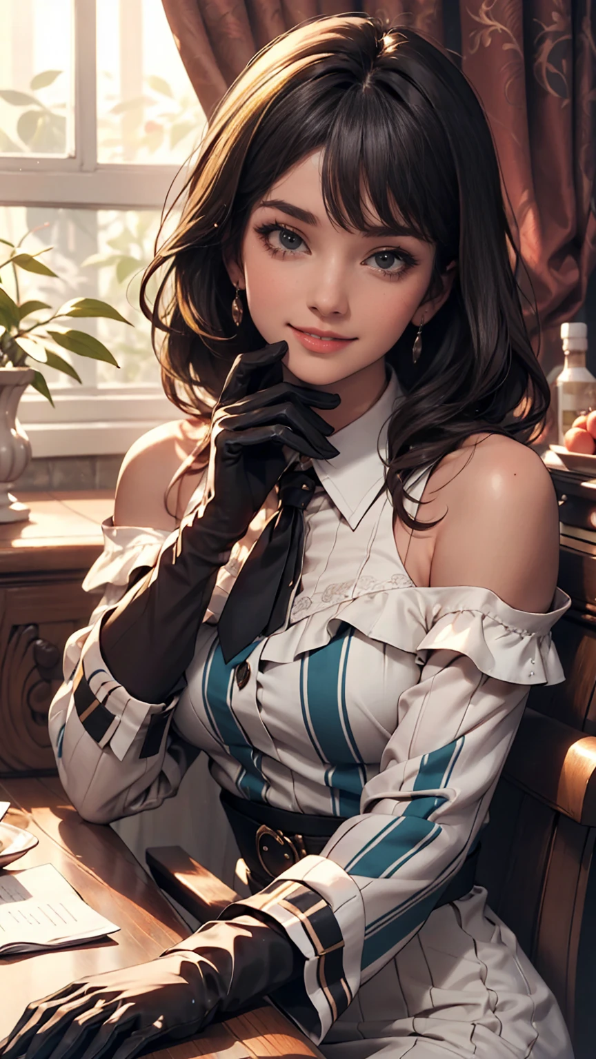 masterpiece, highest quality,, Current Chan (umamusume), smile, Sitting,, Vertical striped dress, Exposing shoulders, Off the shoulder, Mouth closed, Long sleeve, Collared dress, gloves, with own hands, Hand on chin,, Upper Body,, 