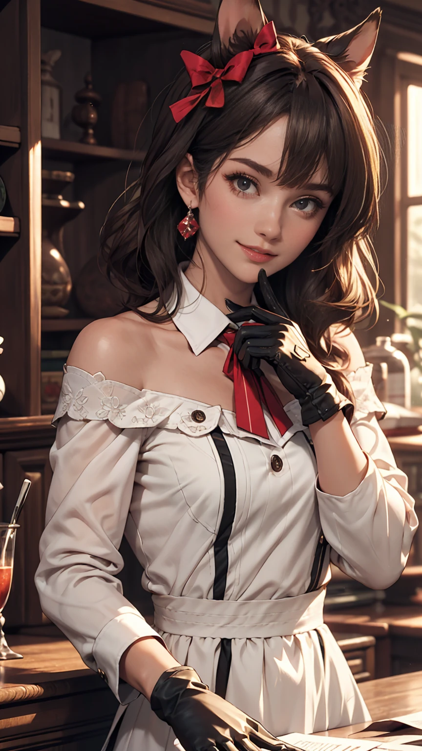 masterpiece, highest quality,, Current Chan (umamusume), smile, Sitting,, Vertical striped dress, Exposing shoulders, Off the shoulder, Mouth closed, Long sleeve, Collared dress, gloves, with own hands, Hand on chin,, Upper Body,,