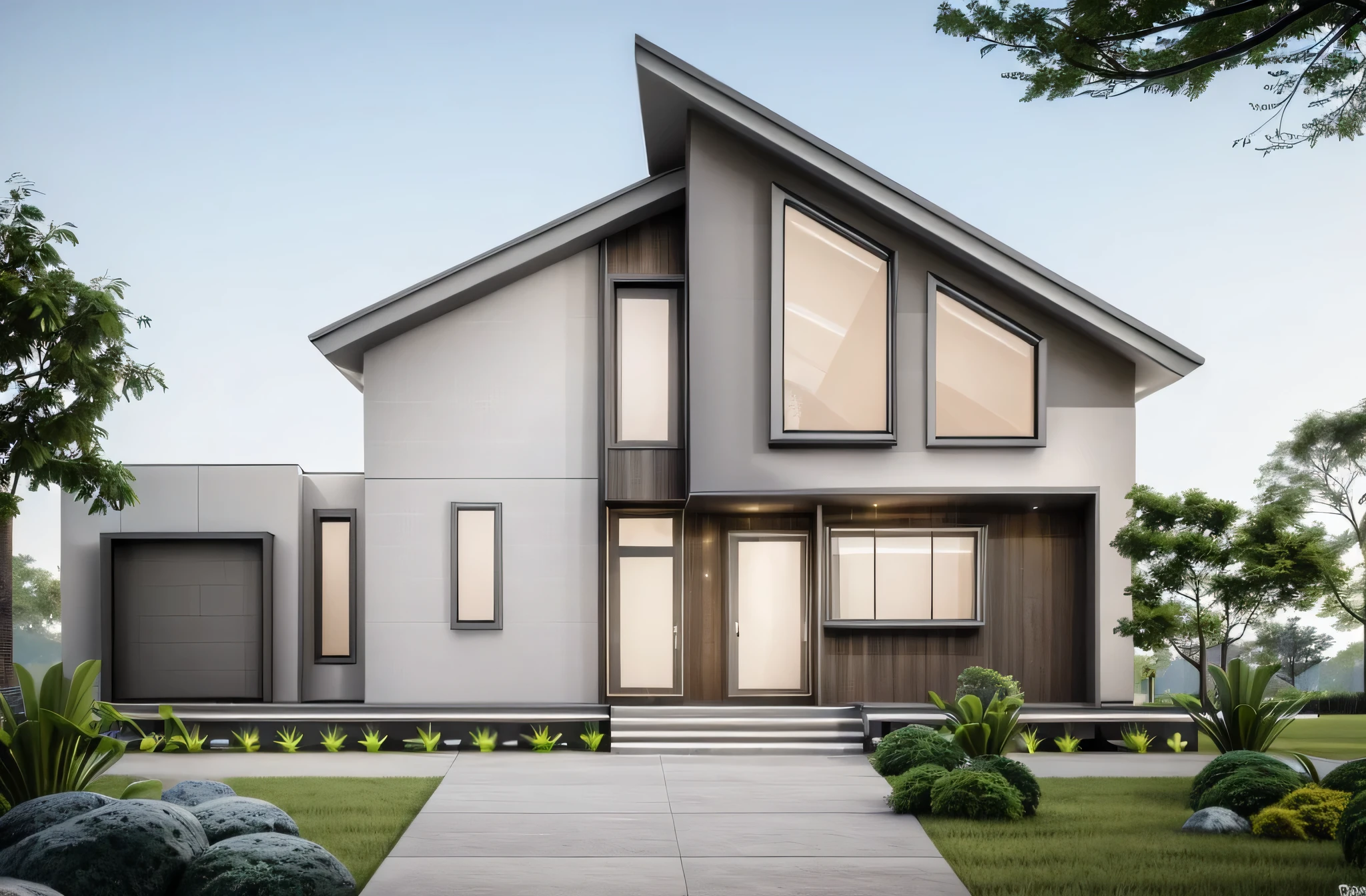 (((best quality, masterpiece, super detailed))), (actual image:1.2), high quality, modern gray house, modern house, many trees, Main objects: masonry walls, bright gray paint, wide glass doors, wood ceilings,a street front house, main material (wood: gray stone:0.2),Modern style, beauty dawn sky,((real cube: 1.3)), perfect light, A pleasant living space with many trees, ((grass))