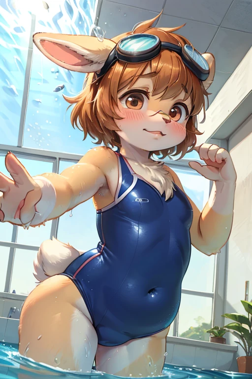 dynamic angle , focus face , hairy bunny Short stature girl , (realistic hairy bunny fur:1.2) , round Mumps face , (tilt face:1.2) , half-open eyes , Unsophisticated geek , round eyes , Swollen cheeks , shy , glossy lips , Underwater goggles , in the school , in the pool , traditional school swim suit , Swim in earnest