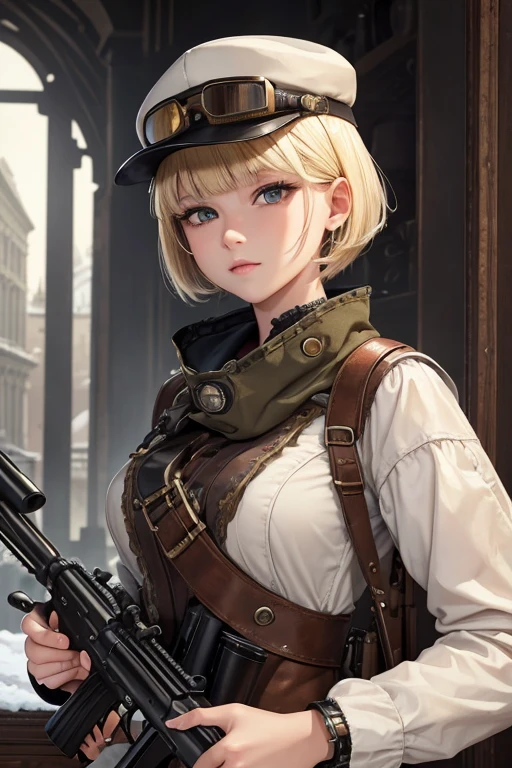 Ultra-detailed, master_piece, Top_quality, 1_beautiful_girl, 16years_old, (shooting_rifle:1.5), blonde_bob_cut_hair, bangs, Very_beautiful_face, very_beautiful_large_eyes, even_eyes, (Highly decorative and complex mechanical steampunk fashion、Garrison_Cap, goggles 1.5, ruins, snow),