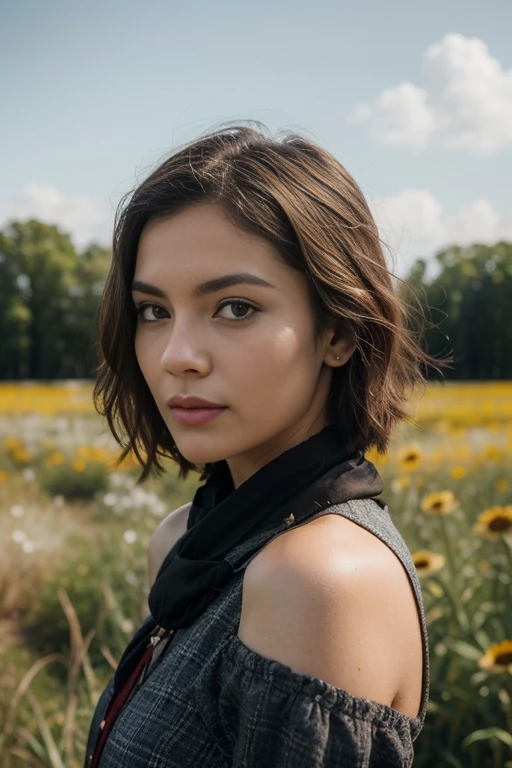 a woman, 25 year old, delicate, sexy, cheveux de longueur moyenne, cheveux bruns, skin details, pores de la peau, éclairé par les flashs des photographes, posing, photoshoot, dans une prairie américaine, tenue traditionnelle indienne, tenue de peau, plumes