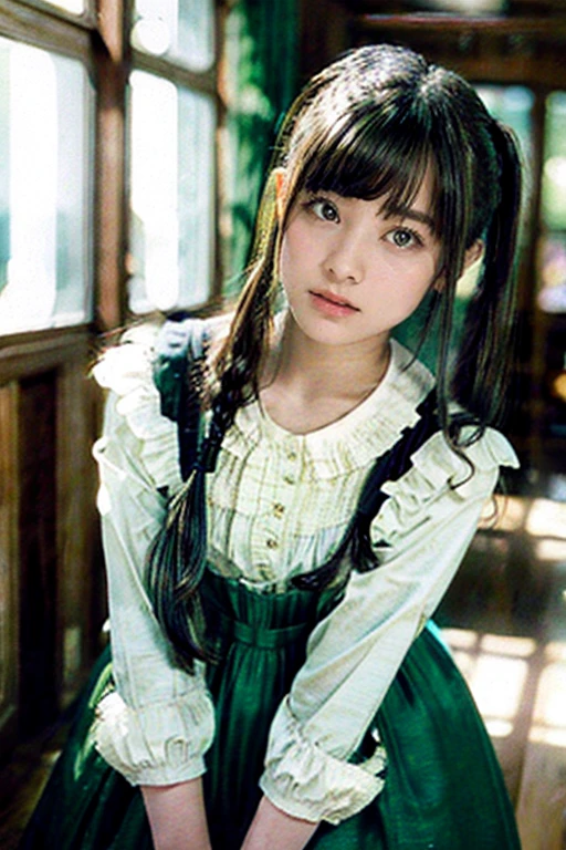 1 girl、Buckshot、Are standing、Blunt Bangs、Long Hair、Twin tails、Green Hair、dress、Frills、indoor、Book棚、Book、scroll、Blurred Background、Book棚のBookを取っている、Stretching back、Angle from below、