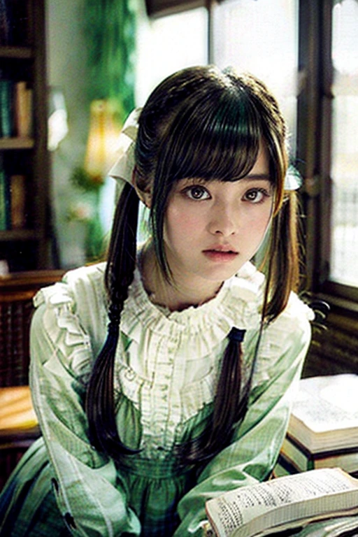 1 girl、Buckshot、Are standing、Blunt Bangs、Long Hair、Twin tails、Green Hair、dress、Frills、indoor、Book棚、Book、scroll、Blurred Background、Book棚のBookを取っている、Stretching back、Angle from below、