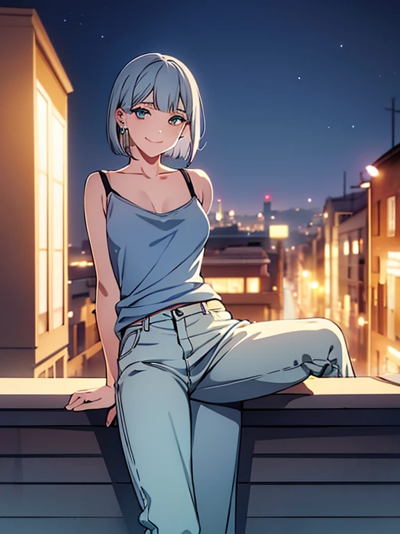 cute, masterpiece, highest quality, A girl stretching out her legs on the rooftop, alone,Silver Hair, Small earrings Bob cut hair, casual,outside,Artistic,An illustration,Pants Style,Line art,,smile,Aqua Eye,night,