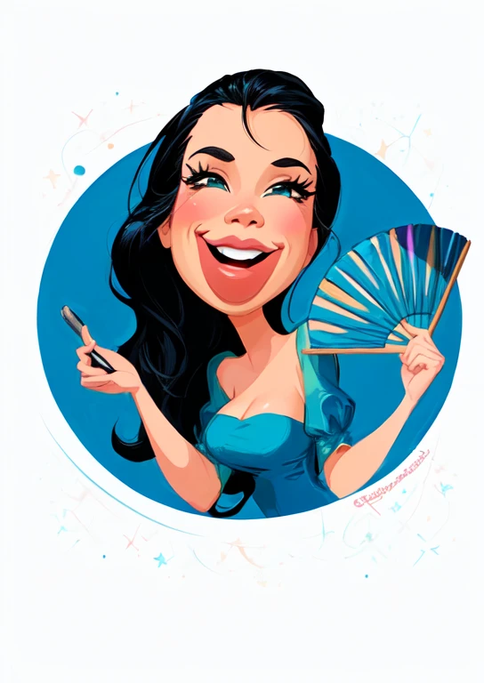2DN, DreamShaper, Babes, Disney Pixar, a cartoon caricature of a woman holding a fan and a brush, cartoon style, caricature illustration, by Emma Rios, in cartoon style, professional artist, professional illustration, by Ramon Silva, illustration digital color, caricaturist alarcón, low resolution, by Maria Helena Vieira da Silva, caricature, by Glória Muñoz