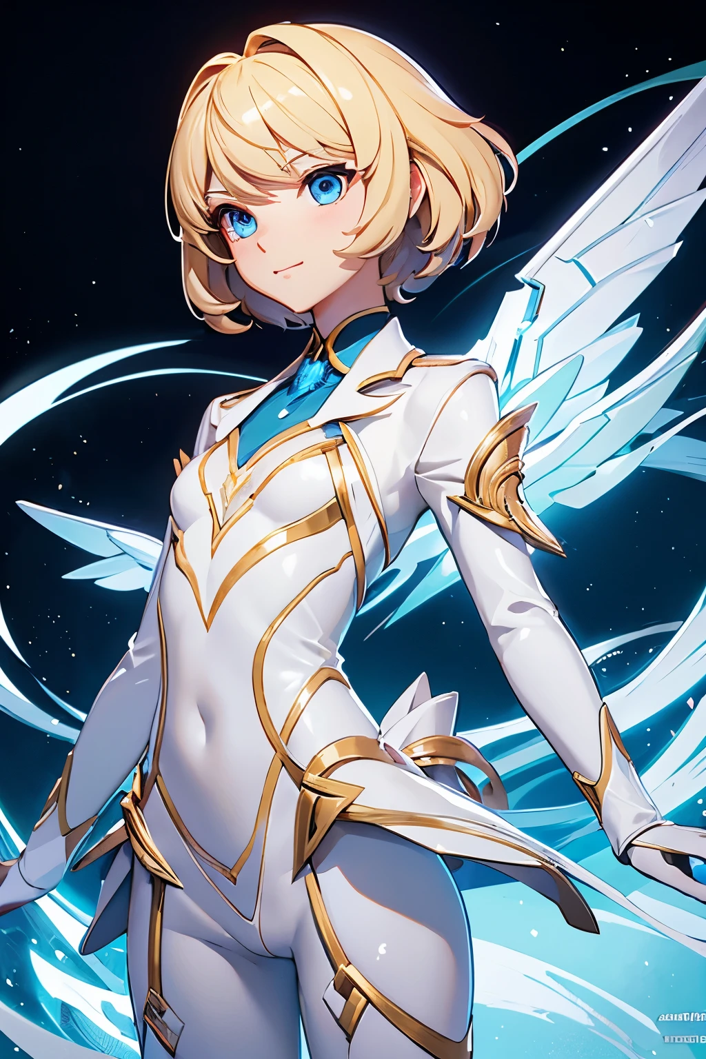 Anime girl with short blond hair and blue eyes in a white suit, белый suit with gold, concept art, inspired by Lee Chevalier, ArtStation, fantasy art, portrait girl knights of the zodiac, girl knights of the zodiac, very detailed exquisite fanart, Extremely detailed Artgerm, portrait anime space girl, гладкое аниме cg art, anime goddess, ! dream art embryo, Short stature, small, All-white suit, suit with gold, suit without stones, suit without bulges, 