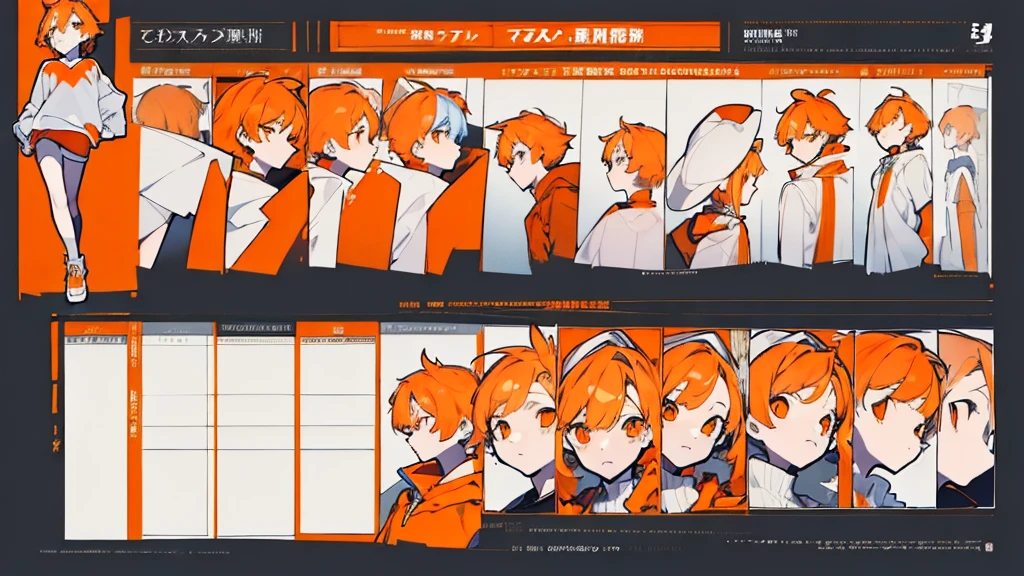 (Masterpiece,Highest quality),(Maximum details),(character design sheet,page,behind,side,All characters are the same.),man,short hair,White and orange hair,pageตาน่ารัก,Bored,There are headphones on the neck.,Wear a white sweater,Wear orange shorts,orange eyes,Wear an oval hat