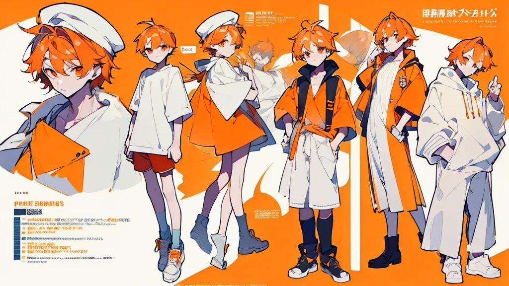 (Masterpiece,Highest quality),(Maximum details),(character design sheet,page,behind,side,All characters are the same.),man,short hair,White and orange hair,pageตาน่ารัก,Bored,There are headphones on the neck.,Wear a white sweater,Wear orange shorts,orange eyes,Wear an oval hat