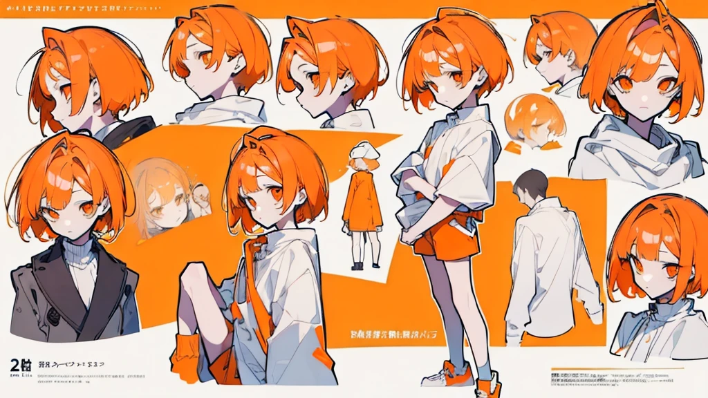 (Masterpiece,Highest quality),(Maximum details),(character design sheet,page,behind,side,All characters are the same.),man,short hair,White and orange hair,pageตาน่ารัก,Bored,There are headphones on the neck.,Wear a white sweater,Wear orange shorts,orange eyes,Wear an oval hat