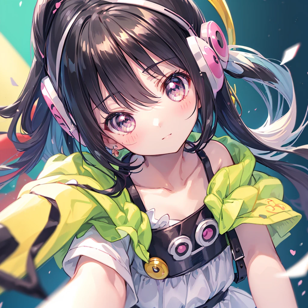 ((masutepiece)), ((Best Quality)), (Ultra-detailed), ((kawaii)), Cute, (lovely), Upper body, Focus on face0, Cute s, 1girl in, Solo, Beautiful black hair, Beautiful black eyes, (Big eyes),((Beautiful eyes)), head phone, lightsmile