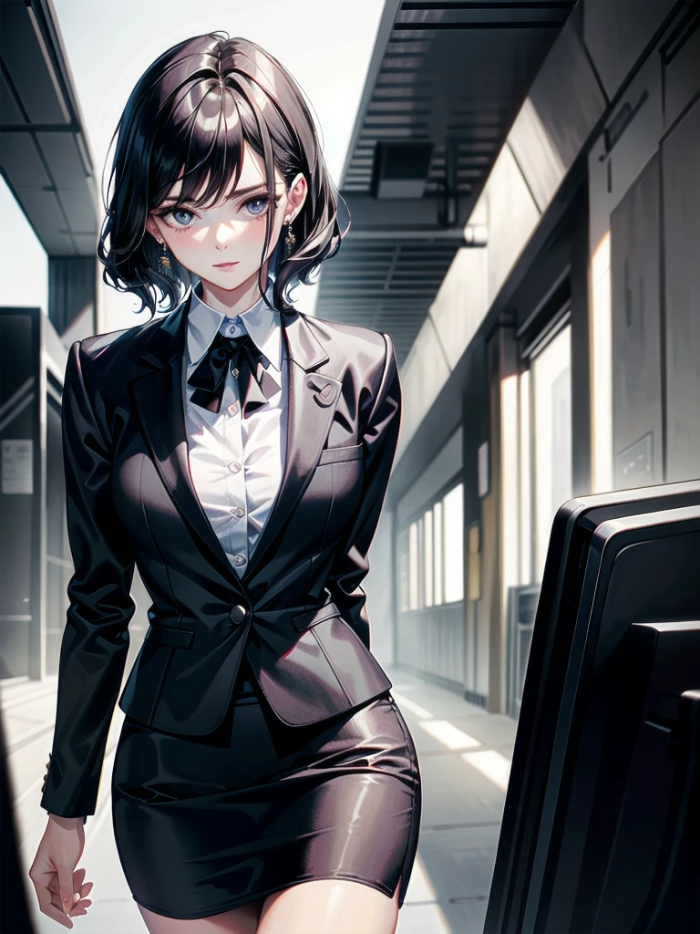business suit, short pencil skirt, collared shirt, absurdres, RAW photo, extremely delicate and beautiful, masterpiece, Best Quality, ultra high resolution, 32k, hyperrealistic, ultra-detailed, detailed beautiful face and eyes, tearful mole, earring, short medium hair, wavy hair,