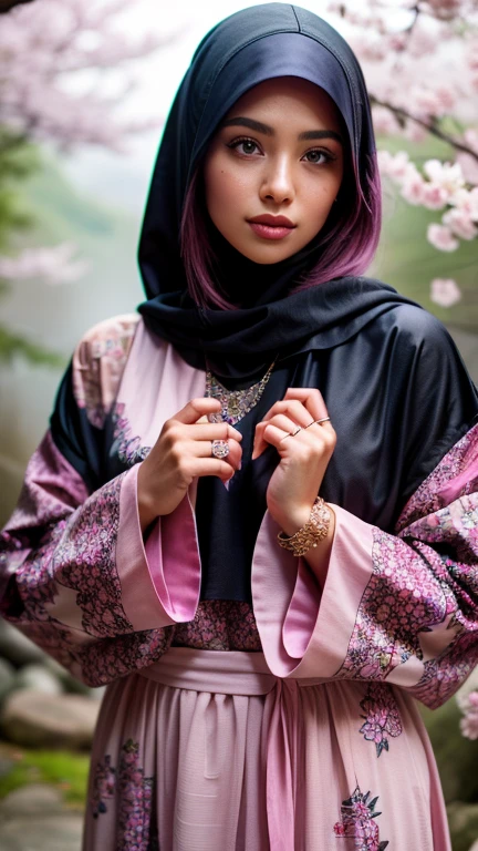 a gorgeous hijab girl in a fuchsia colour hijab and a black gamis with abstract printed of pink and purple flowers, in a misty mountains and in a clean crystal water, cherry blossom, necklace, bracelet, ring, detailed detail, real skin texture, realistic image, ultra sharp,