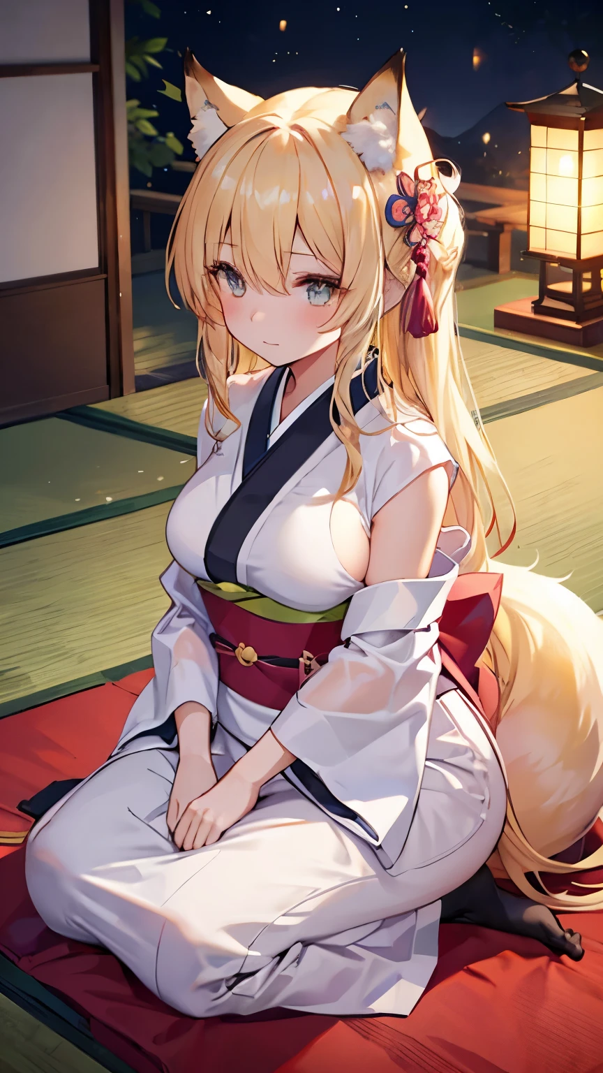female up,Tatami room,Lantern,Moonlit Night,seiza,Toned body,Blonde,Long Hair,Golden Eyes,,Fox ears,Fox tail,Fox Mask,Large Breasts,Gorgeous kimono,hairpin