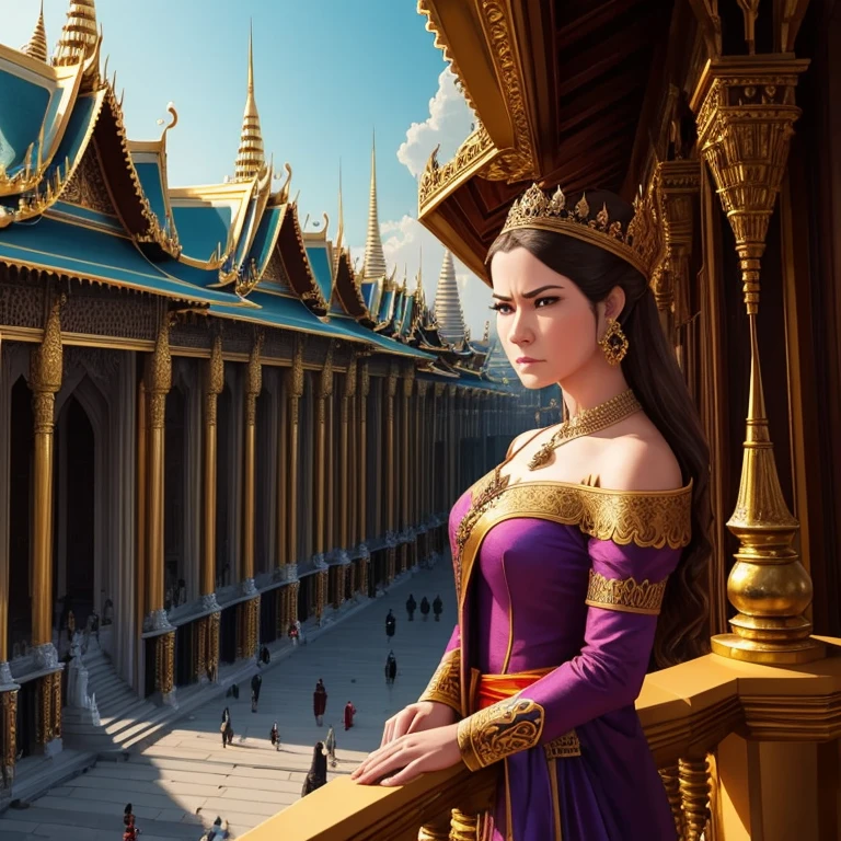  A grand palace with a scowling queen looking down from a balcony. A group of people whispering in the corner.