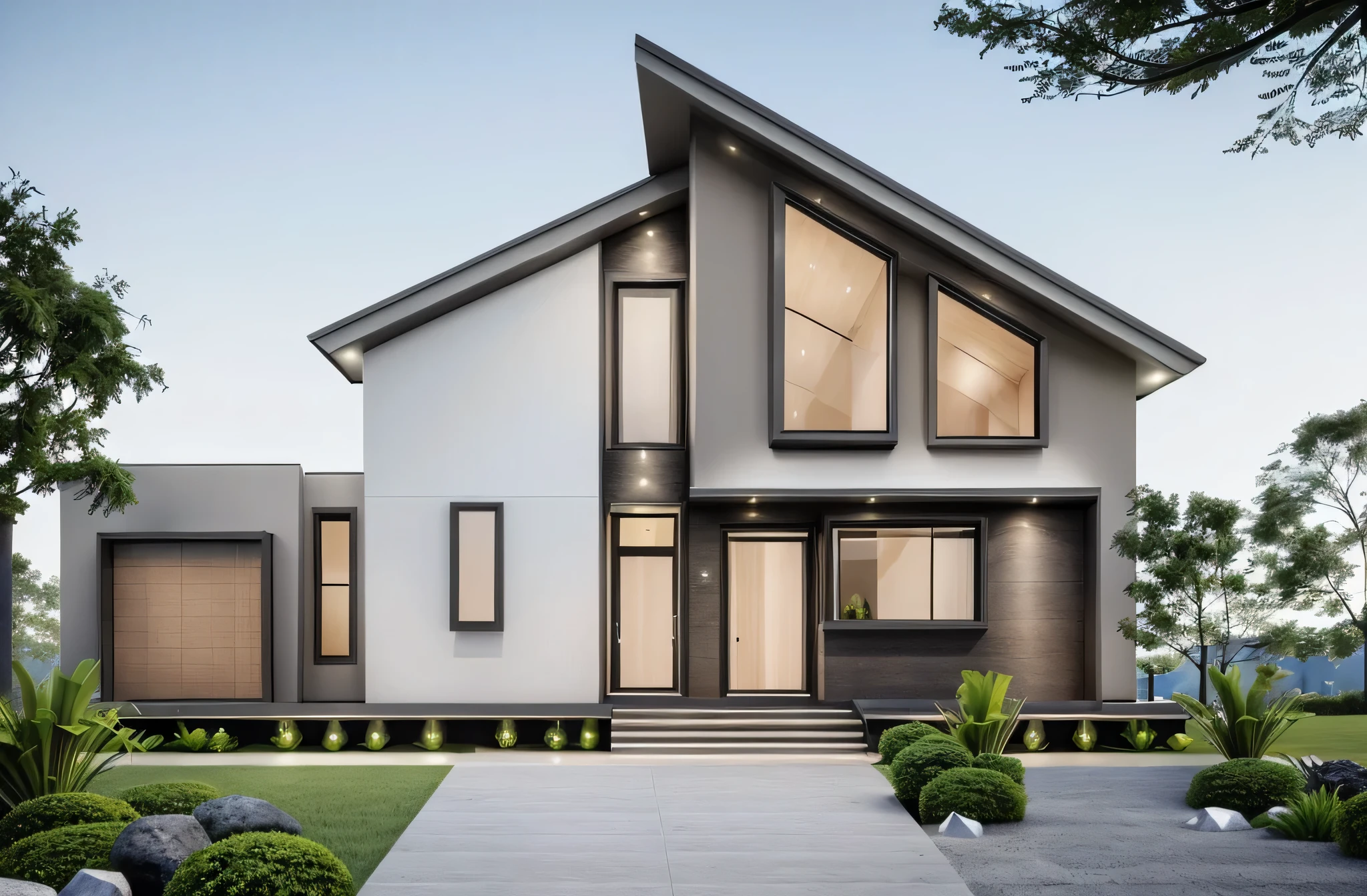 (((best quality, masterpiece, super detailed))), (actual image:1.2), high quality, modern gray house, modern house, many trees, Main objects: masonry walls, bright gray paint, wide glass doors, wood ceilings,a street front house, main material (wood: gray stone:0.2),Modern style, beauty dawn sky,((real cube: 1.3)), perfect light, A pleasant living space with many trees, ((grass))