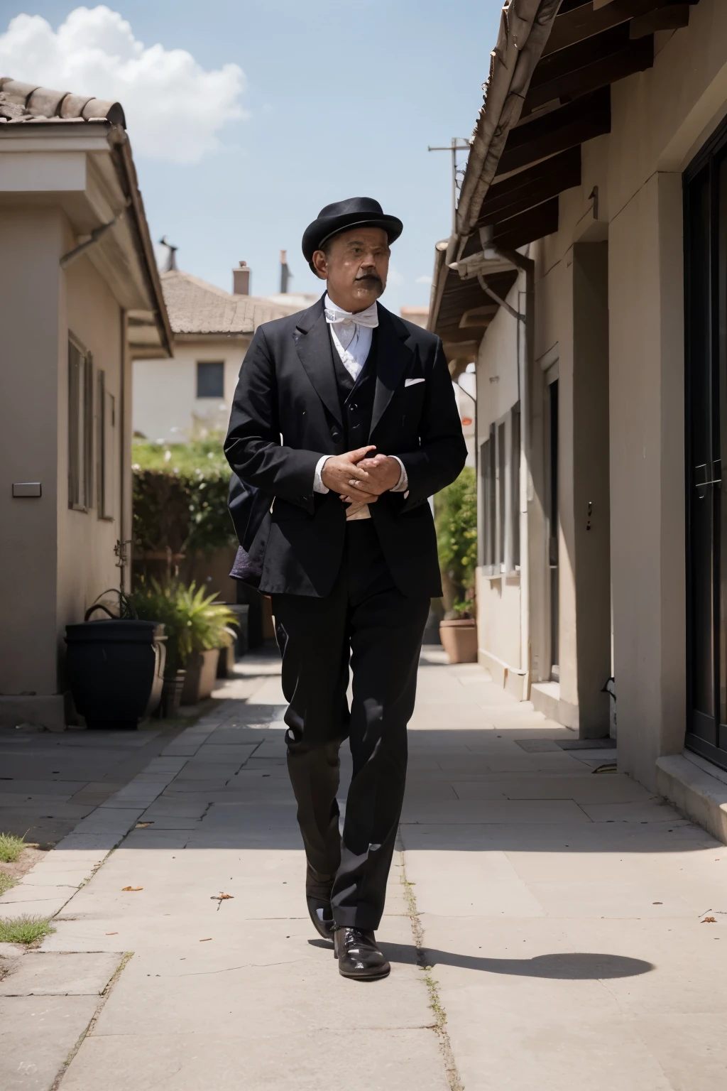 Aesthetics of ancient architecture, saindo locomotiva a vapor , absurdos, high resolution, ultra detalhado, realista, ), 1 homem, Sozinho, adulto, maduro, with black suit and tall hat, period mustachioed man standing 25 years on a platform in 19th century clothing, fotorrealista, Uma high resolution