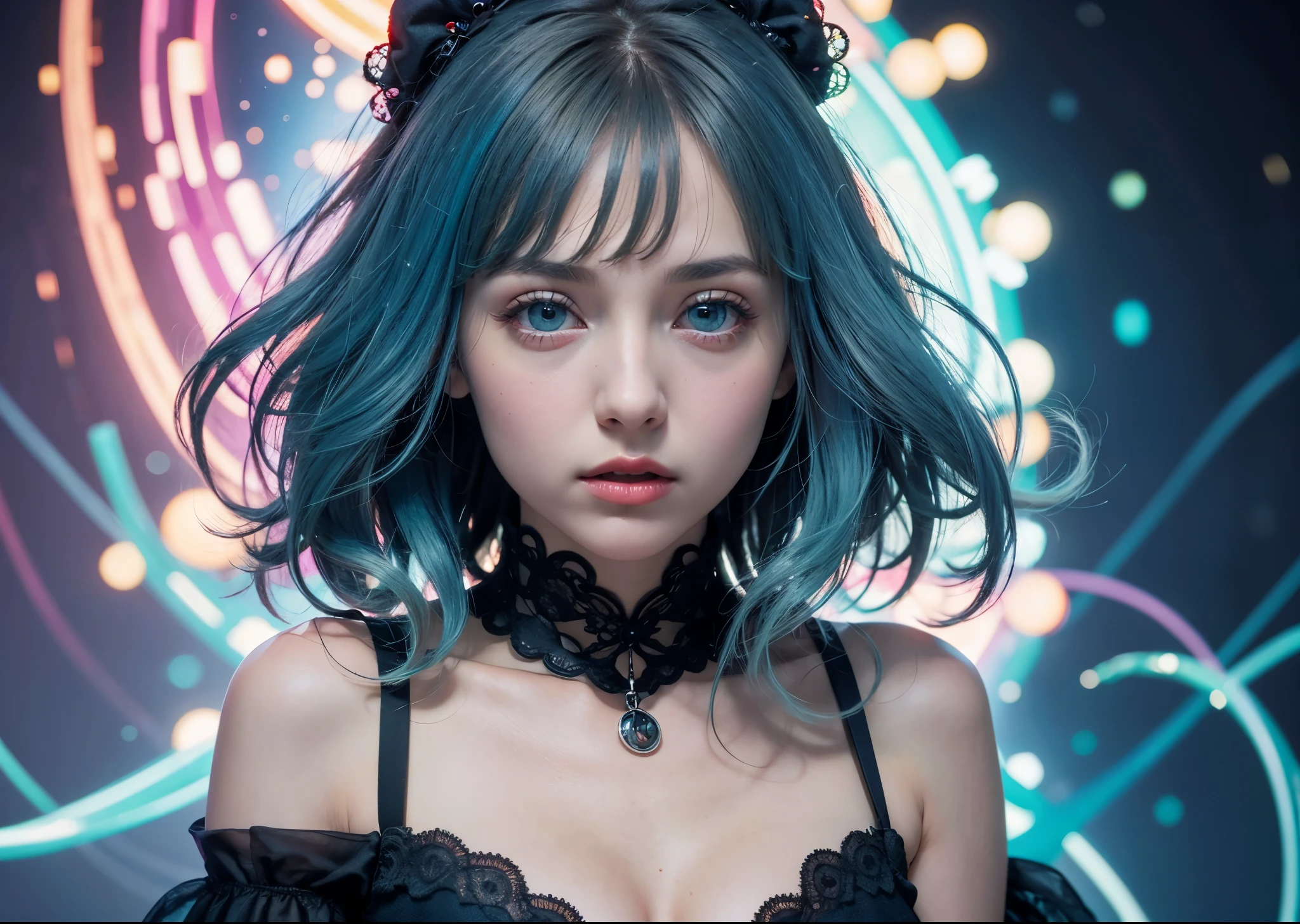 Psychedelic world、Gothic Fashion、1 cute girl、Big eyes、Small breasts、Light blue hair、Colorful gel background、Fractal Background、Perfect lighting、Sharp focus、High resolution、High resolution、High color reproducibility、High resolution、Ultra-realistic、Photorealistic 