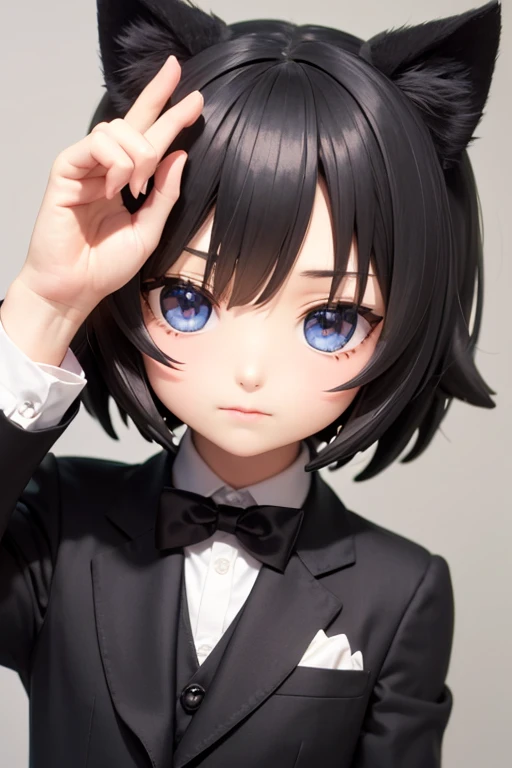 A young man with black hair and black cat ears, Short Hair, Black Suit, Black bow tie, Butler, looking at the camera, 2 heads, eyes in the style of Nendoroid, Nendoroid eyes, style as Nendoroid, water color Nendoroid, Nendoroid, Nendoroid 3 d, Nendoroid, He has a cute, expressive face, an anime Nendoroid of karl marx