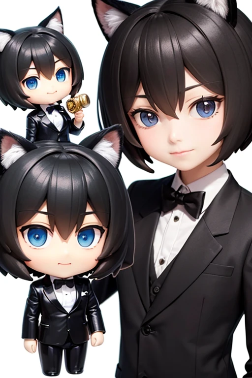 A young man with black hair and black cat ears, Short Hair, Black Suit, Black bow tie, Butler, looking at the camera, 2 heads, eyes in the style of Nendoroid, Nendoroid eyes, style as Nendoroid, water color Nendoroid, Nendoroid, Nendoroid 3 d, Nendoroid, He has a cute, expressive face, an anime Nendoroid of karl marx