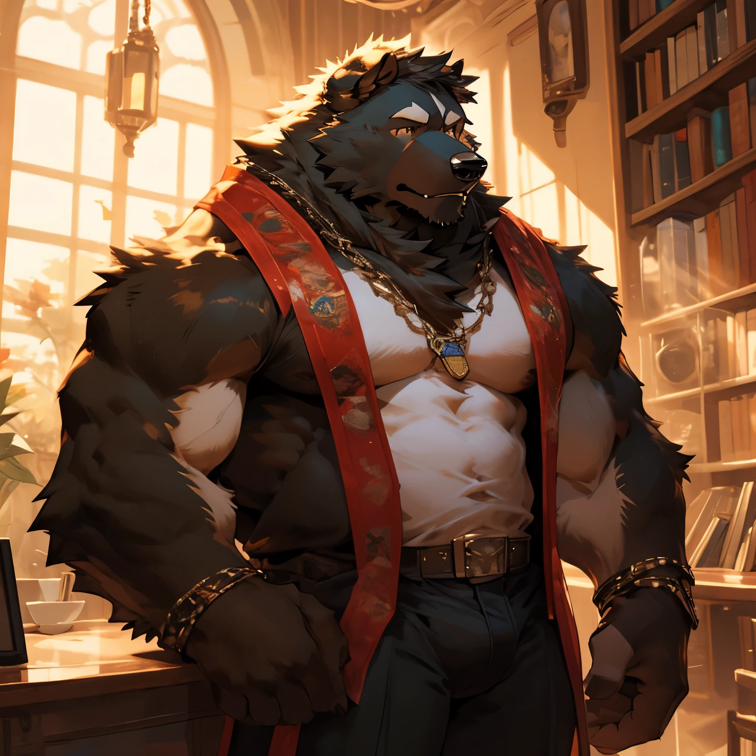 Giant Buff Werewolf Butler, Confident, Golden Eyes, Muscular, Handsome, Charming, View from Below