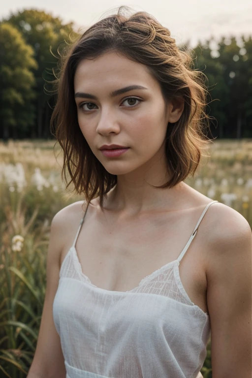 a woman, 25 year old, delicate, cheveux de longueur moyenne, cheveux bruns, skin details, pores de la peau, éclairé par les flashs des photographes, posing, photoshoot, dans une prairie américaine, déguisement d'indienne