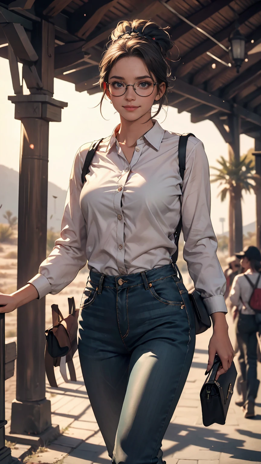 ((highest quality)), ((masterpiece)), ((Realistic)), ((highest quality)), ((masterpiece)), ((Realistic)), Girl Walking In The Desert, Looks tired, Loose clothing, long sleeve shirt and trousers, headgear, sunglasses, so beautiful, Natural and casual style at eye level, Scenic, masterpiece, (High resolution), original, extremely detailed 8K , (photoRealistic:1.4),Perfect Face, Perfect Eyes,Symmetrical body type,smile,
