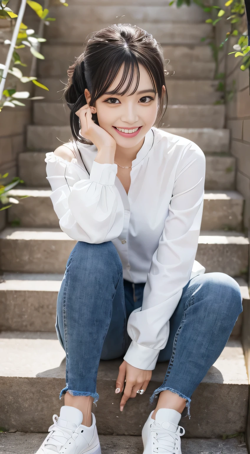 highest quality, Realistic, Very detailed, Finer details, High resolution, 8k wallpaper, One beautiful woman,Sit on the stairs、(Wear black socks)smile、(Beautiful teeth alignment、)(Gums are visible) Long sleeve blouse, Skinny jeans,( Black sneakers)、Black Hair、 Beautiful Bangs、ear piercing、Perfect dynamic composition, Beautiful and detailed, Full Body Shot, A big smile