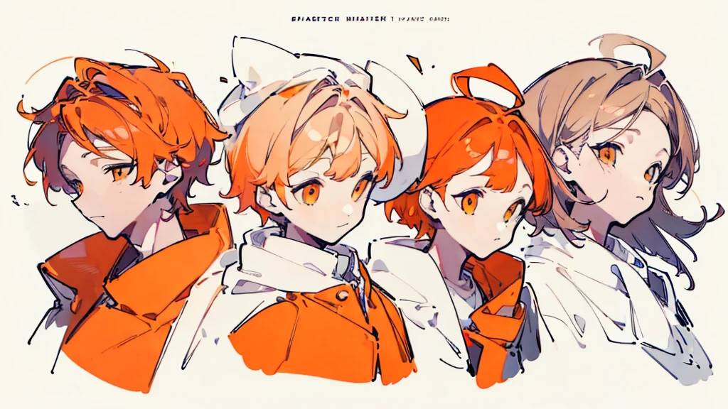 (Masterpiece,Highest quality),(Maximum details),(character design sheet,page,behind,side,All characters are the same.),man,short hair,White and orange hair,pageตาcute,Bored,There are headphones on the neck.,Wear a white sweater,Wear orange shorts,orange eyes,Wear an oval hat,handsome,cute