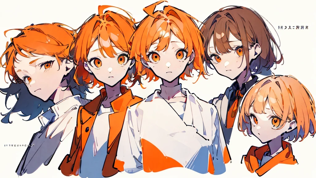 (Masterpiece,Highest quality),(Maximum details),(character design sheet,page,behind,side,All characters are the same.),man,short hair,White and orange hair,pageตาcute,Bored,There are headphones on the neck.,Wear a white sweater,Wear orange shorts,orange eyes,Wear an oval hat,handsome,cute