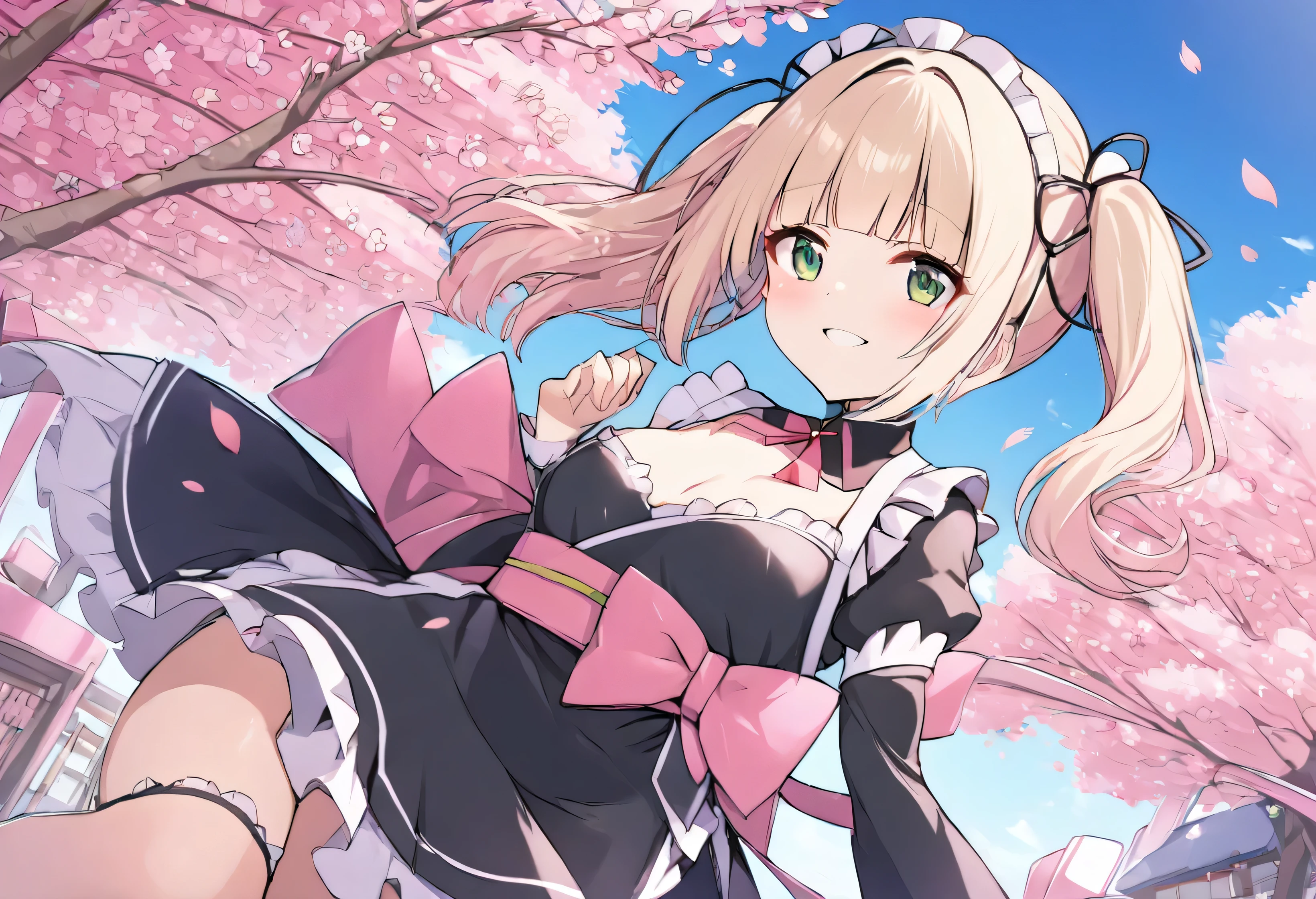 smile,beautiful,1 girl,(Kimono Maid uniform:1.2),(((Twin Drill))),((blunt bangs:1.5)),,(sakura pink petals:1.4),((Cherry blossom trees)),blue sky,Green Eyes,Light blonde