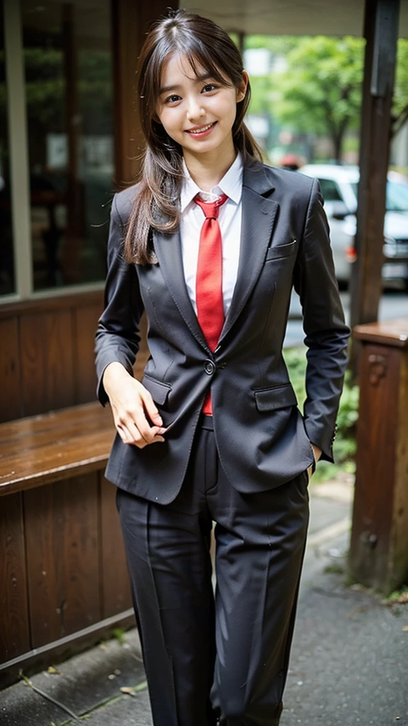 (8k、RAW Photos、highest quality、masterpiece:1.2)、(Realistic、Realistic)、1 girl、((large size black suit、red tie、rub my chest、pants suit、turn knees out、pelvic forward、over size suit、Woman grabs her own breasts、boyish、tom boy、public indecency、bend knees、 sexy suit、mens suit、large suit、hutanari 、grabbing breasts、 Leg spread、Bow-legged、Touching as if groping the breasts、Wide Stride、Leg spread、smile、sexy、I can see your chest、View from the front、Stand with hands on hips、In the city))、