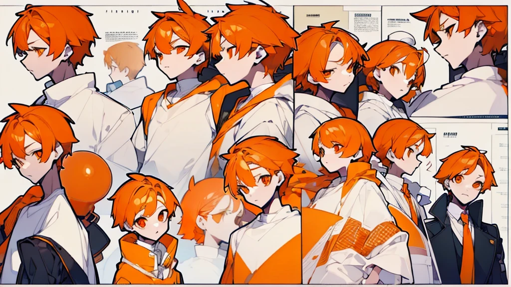 (Masterpiece,Highest quality),(Maximum details),(character design sheet,page,behind,side,All characters are the same.),man,short hair,White and orange hair,pageตาcute,Bored,There are headphones on the neck.,Wear a white sweater,Wear orange shorts,orange eyes,Wear an oval hat,handsome,cute