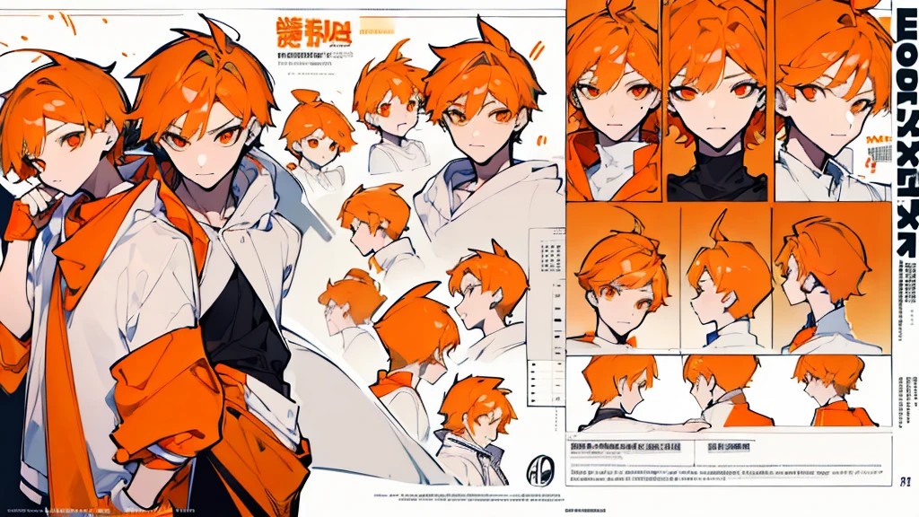 (Masterpiece,Highest quality),(Maximum details),(character design sheet,page,behind,side,All characters are the same.),man,short hair,White and orange hair,pageตาcute,Bored,There are headphones on the neck.,Wear a white sweater,Wear orange shorts,orange eyes,Wear an oval hat,handsome,cute