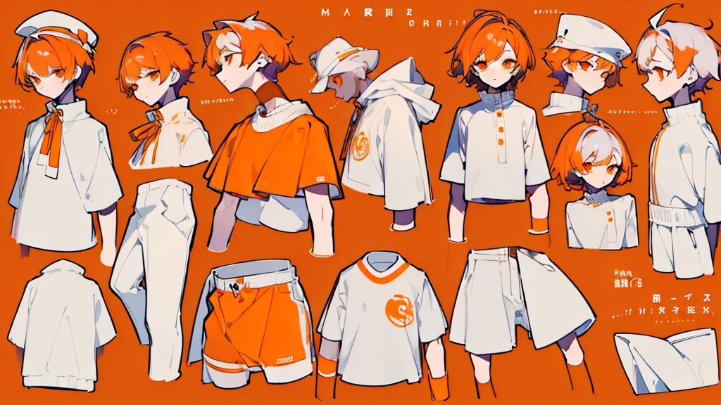 (Masterpiece,Highest quality),(Maximum details),(character design sheet,page,behind,side,All characters are the same.),man,short hair,White and orange hair,pageตาcute,Bored,There are headphones on the neck.,Wear a white sweater,Wear orange shorts,orange eyes,Wear an oval hat,handsome,cute